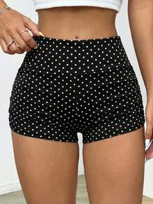 SHEIN PETITE CURVE Plus Size Women's Black And White Polka Dot Cycling Shorts,Summer Elegant 1920s Flapper Retro Pleated Gym Yoga Sports Shorts,Waist Cinching Pants - Black - View 6