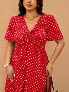 Elaquor Plus Size Polka Dot Print Deep V-Neck Twist Knot Casual Short Sleeve Dress - Red - View 7