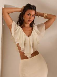 Opulessa Women's Solid Color Ruffle Hem Cropped Fashionable Top - White - View 2