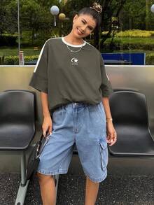 DAZY Casual Basic Contrast Color Round Neck Loose T-Shirt, Autumn Golf White - Olive Green - View 3