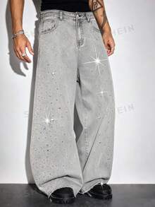 ROMWE MEN Street Life Men's Casual Street Rhinestone Washed Slant Pocket Wide-Leg Jeans - Grey - View 4