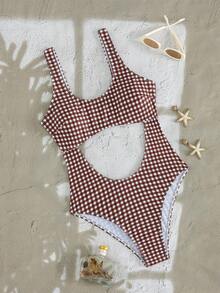 Swim Mod Áo tắm liền thân nữ tính, họa tiết kẻ caro, cổ tròn, khoét eo, dễ thương, ôm sát, thích hợp cho lễ hội âm nhạc bãi biển mùa xuân/hè, dành cho nữ. - Nhiều màu - Xem 5