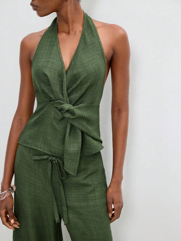 SHEIN Maija Olive Green 2 Pieces Set Women's Halter Wrap Top And Casual Elegant Pants With Pockets,Comfortable Summer Holiday Vacation Festival Beach Outfit