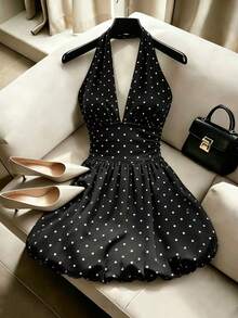 Franclia Women's Polka Dot Print Backless Mini Halter Dress - Black - View 1