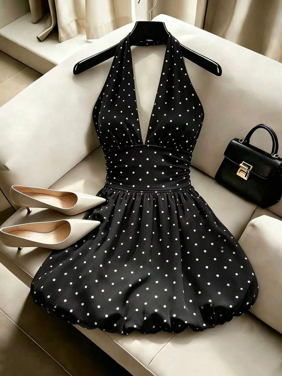 Franclia Women's Polka Dot Print Backless Mini Halter Dress - Black - View 1