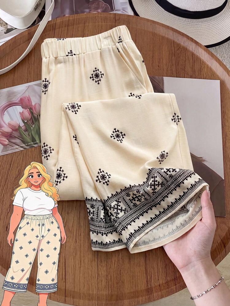 Plus Size Colorblock Print Casual Pants Summer Outfit For Women Beach Outfits For Women  Beach Outfits