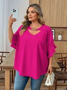 SHEIN CURVE+ Plus Size Women Solid Color Metal Decor Casual Versatile Daily Wear Blouse - Hot Pink - View 7