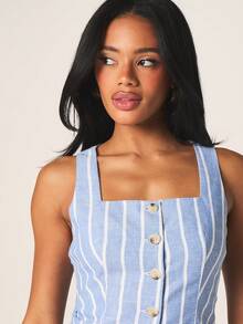 MISSGUIDED 條紋亞麻感套裝 鈕扣前襟修身上衣與迷你裙套裝 方領無袖襯衫搭配高腰A字裙套裝 - 藍白色 - 查看 5