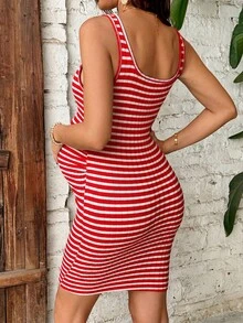 SHEIN 孕妇休闲条纹撞色无袖连衣裙 - 紅色 - 查看 2
