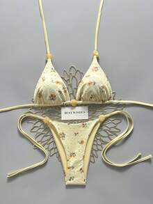Swim Mod 2026 Spring/Summer Hollow Fabric Yellow Ditsy Floral Bikini Set, Indie Style Minimalist Fresh Floral Beach Vacation Slimming Two Pieces Swimwear - Multicolor - View 3
