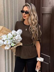 SHEIN PariChic Áo kiểu nữ màu trắng kem hở lưng thắt nơ, dáng ngắn với viền bèo nhún phối màu tương phản. - màu nâu - Xem 6