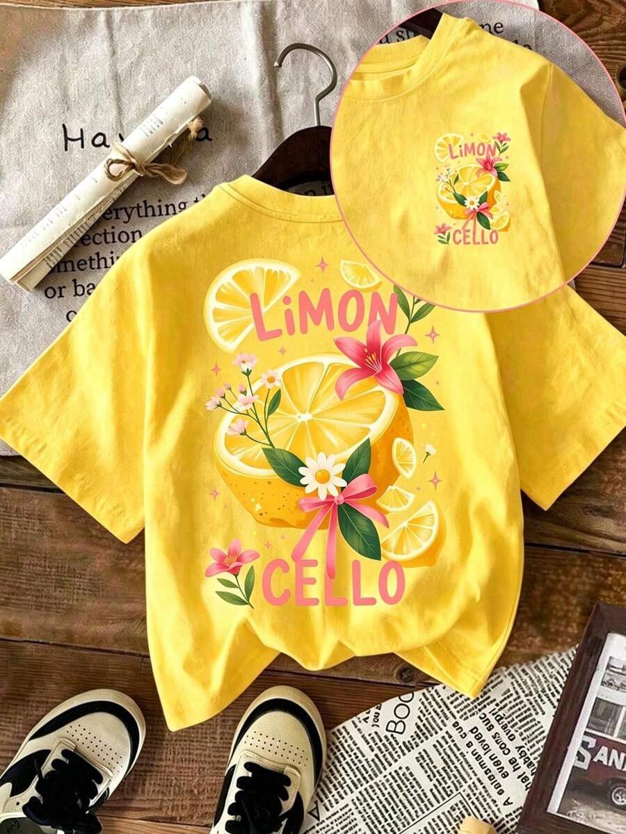 EMERY ROSE Summer Top, Lemon Print T-Shirt, Short Sleeve, Crew Neck, Spring Summer Casual Top, Women's Clothing, Retro, Y2K Style - Yellow - View 1