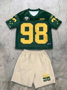 Setelan 2pcs Kaos Jersey Lengan Pendek Warna Hijau Gaya Olahraga untuk Anak Laki-Laki Remaja, Cocok untuk Musim Semi/Panas - Hijau - View 5