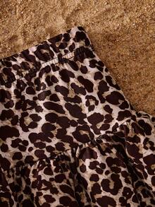 SHEIN Sparklyn Teen Girl Solid Color Asymmetric Neck Ruffle T-Shirt And Leopard Print Mini Skirt Set - Multicolor - View 7