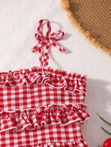 SHEIN Genkimix Kids 女童格子荷叶边吊带背心和蛋糕裙两件套 - 紅色 - 查看 4