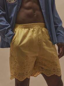 Musero Pantalones cortos con dobladillo de patrón de ganchillo y cintura elástica, esenciales de primavera/verano - Amarillo - Ver 1