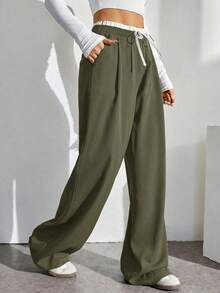 SHEIN Tall 女款對比色綁帶腰寬腿寬鬆長褲，適合高個女性 - 軍綠色 - 查看 4