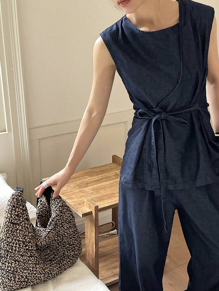 Women's Casual Denim Vest And Pants Set, Summer