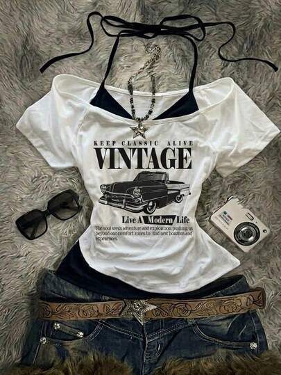 Attitoon Women's Casual Retro Contrast Color Short Sleeve Fitted T-Shirt, Vintage Style, Suitable For Outdoor Wear