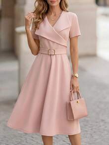 Miaspire Middle-Aged Elderly Women's Elegant Casual Solid Color Belted Commuter Summer Dress,Pink Festival Outfit,Formal Office Mother Of The Bride Outfits - Dusty Pink - View 3