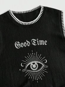 ROMWE MEN Men's Round Neck Letter & Eye Print Casual Versatile Daily Wear Knit Top - Black - View 9