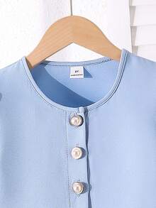 SHEIN Elladie kids 优雅少女装扮：休闲纯色针织开衫，饰以珍珠纽扣，搭配褶皱花边半裙，适合少女穿着。 - 藍色 - 查看 4