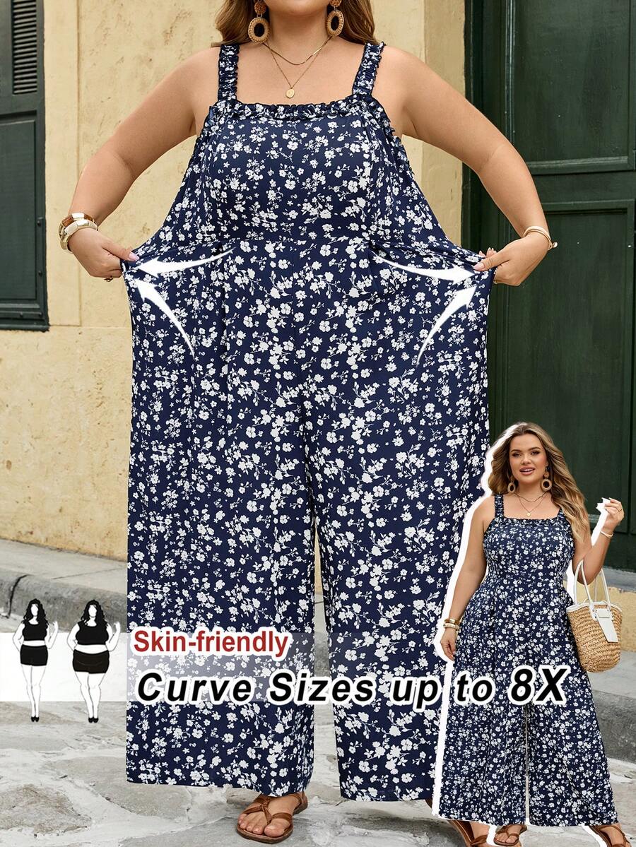 SHEIN CURVE+ 大码休闲碎花吊带连体裤 - 彩色 - 查看 1