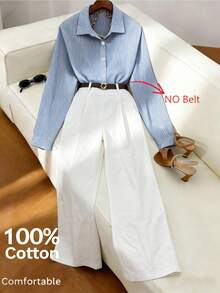 INAWLY 2pcs/Set Casual Commuter Striped Long Sleeve Shirt (With Belt Decor) And Straight Leg Pants Set - Blue and White - View 3
