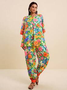 SURIMA Women's Luxury Green Floral Summer Boho Holiday Tea Party Holiday Colorful Tropical Print V-Neck Short Sleeve Shirt & Drawstring Pants 2-Piece Set - Multicolor - View 5