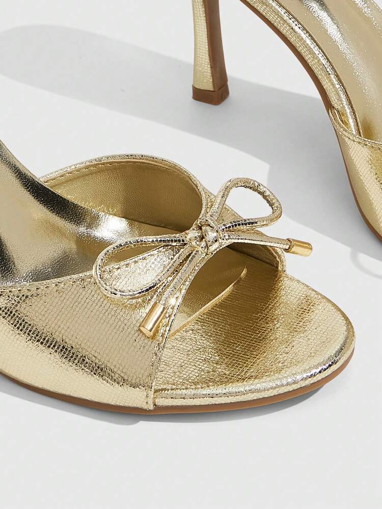 CUCCOO SZL Women Shoes Gold Metal Plaid PU Bow Gold Pendant Design Round Toe Mule High Heel Sandals