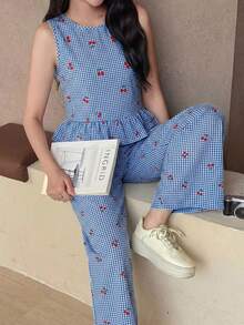 SHEIN Bộ đồ nữ tuổi teen gồm áo không tay kẻ sọc xanh trắng có cúc gỗ và quần ống đứng, thích hợp cho kỳ nghỉ xuân/hè, tiệc tùng, đi học, dã ngoại gia đình hoặc mặc hàng ngày. - Xanh và trắng - Xem 4