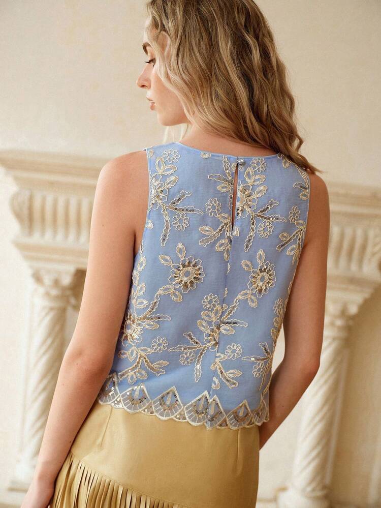WOMEN'S FLORAL EMBROIDERY CROP TANK TOP, ELEGANT STYLE FOR SUMMER