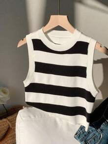 Top tejido crop con patrón de rayas para uso casual  para mujeres - Blanco y Negro - Ver 7