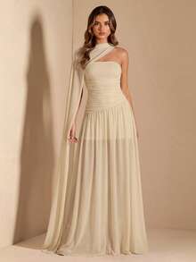 SHEIN BAE Đầm chữ A không tay xếp ly dành cho nữ, đầm phù dâu thanh lịch, đầm ngày Valentine, đầm sinh nhật, đầm tốt nghiệp, đầm xuân/hè. - Màu be - Xem 4
