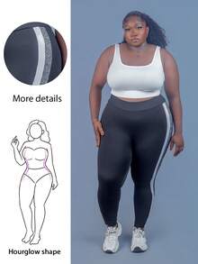 CurvyTilda Plus High Waist Side Striped Leggings, For Hourglass Body Shape - Black - View 1