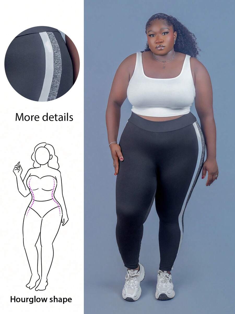 CurvyTilda Plus High Waist Side Striped Leggings, For Hourglass Body Shape - Black - View 1