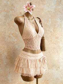 Roelina Women's Lace Sheer Splice Halter Neck Camisole And Shorts 2 Pieces Set Beach Vacation Orange Pink Summer Cute - Apricot - View 4