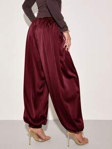 COSMINA Pantalones casuales de uso diario con cintura con cordón y pierna de farol de unicolor para mujeres - Burdeos - Ver 2