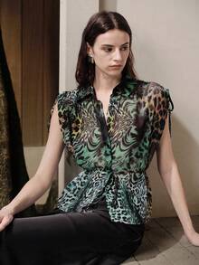 Aveloria Modichic Áo kiểu cổ tàu thắt eo bằng vải chiffon in họa tiết lông công, áo sơ mi chiffon in họa tiết da báo xanh lá cây, áo sơ mi chiffon không tay thắt eo dây rút, áo sơ mi thời trang xuyên thấu, áo kiểu họa tiết hoang dã thắt nơ phía trước, áo sơ mi chiffon mùa xuân/hè, áo dự tiệc hộp đêm, áo kiểu nghỉ dưỡng phong cách hoang dã - Nhiều màu - Xem 5