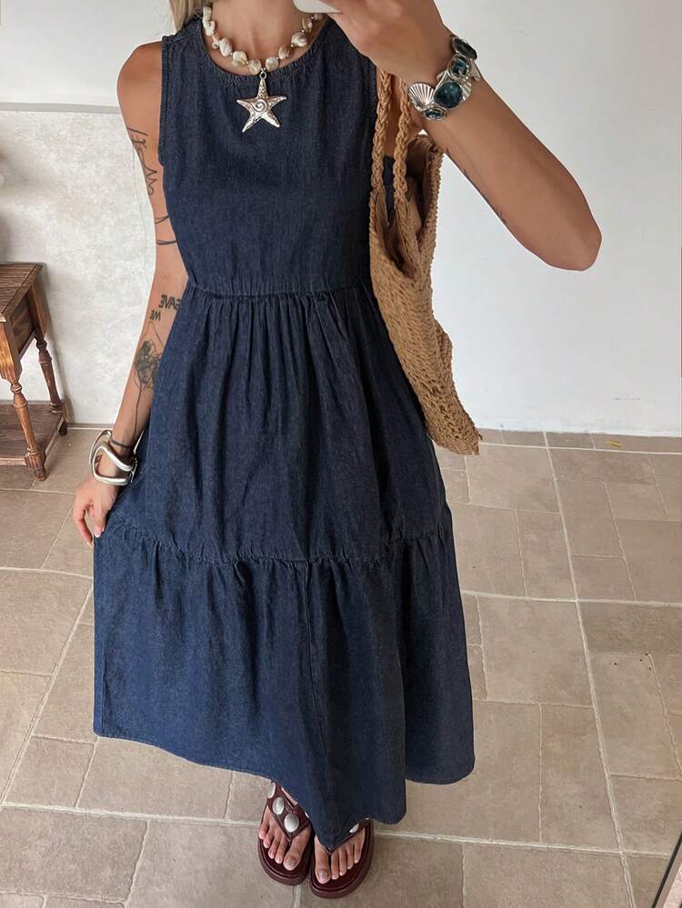 Women's Round Neck Loose A-Line Midi Denim Dress, Vacation Beach Casual Commute, Spring & Summer Sun Dresses For Women