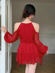 Vestido casual de mujer de unicolor elegante con mangas farol y hombros descubiertos - Rojo - Ver 2