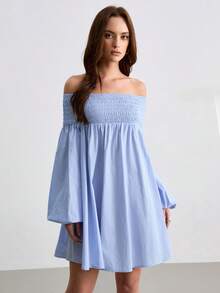 CielaLinda Robe mini à manches longues et épaules dénudées pour femmes - Bleu azur - Voir 5