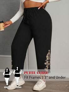 SHEIN PETITE CURVE Quần nữ cỡ lớn thêu họa tiết, cạp cao kiểu túi giấy, phong cách mùa xuân, cạp cao thanh lịch, quần đen thường ngày, dáng rộng. - màu đen - Xem 5
