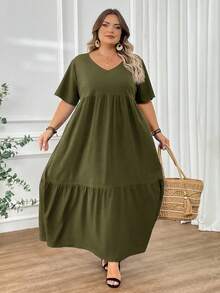 SHEIN CURVE+ 大码长款沙滩度假连衣裙 波西米亚风 夏季/乡村/沙滩度假装/沙滩装/沙滩服饰 - 軍綠色 - 查看 9