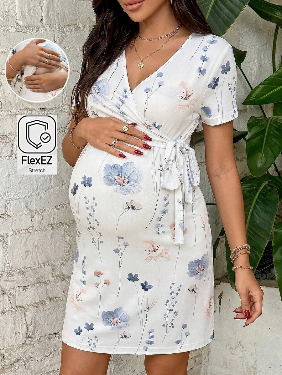 SHEIN Vestido de maternidad y lactancia de verano con estampado floral elegante y lazo - Blanco - Ver 1