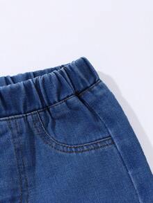 SHEIN Vintaside Kids 女童休闲牛仔裤，轻薄牛仔布，松紧腰带，彩色花卉刺绣，宽松直筒裤型，柔软棉质面料，适合日常穿着、外出、上学、春夏穿着。 - 中等水洗藍 - 查看 8