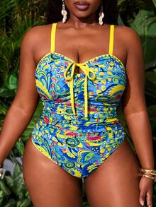 Slaydiva Traje de baño de una pieza con estampado multicolor, cuello con cordón y patrón de zigzag en contraste para mujer talla grande, atuendo de playa y vacaciones - Multicolor - Ver 3