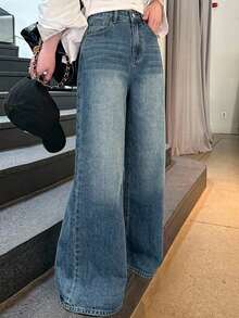 DAZY Celana Jeans Longgar Pinggang Tinggi Model Lurus yang Melangsingkan, Celana Panjang Minimalis Serbaguna Nyaman untuk Wanita - Medium Wash - View 6
