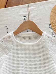 SHEIN LMoss Kids Young Girl Knit Patchwork Woven Hollow Out Raglan Sleeve Fitted T-Shirt - White - View 3