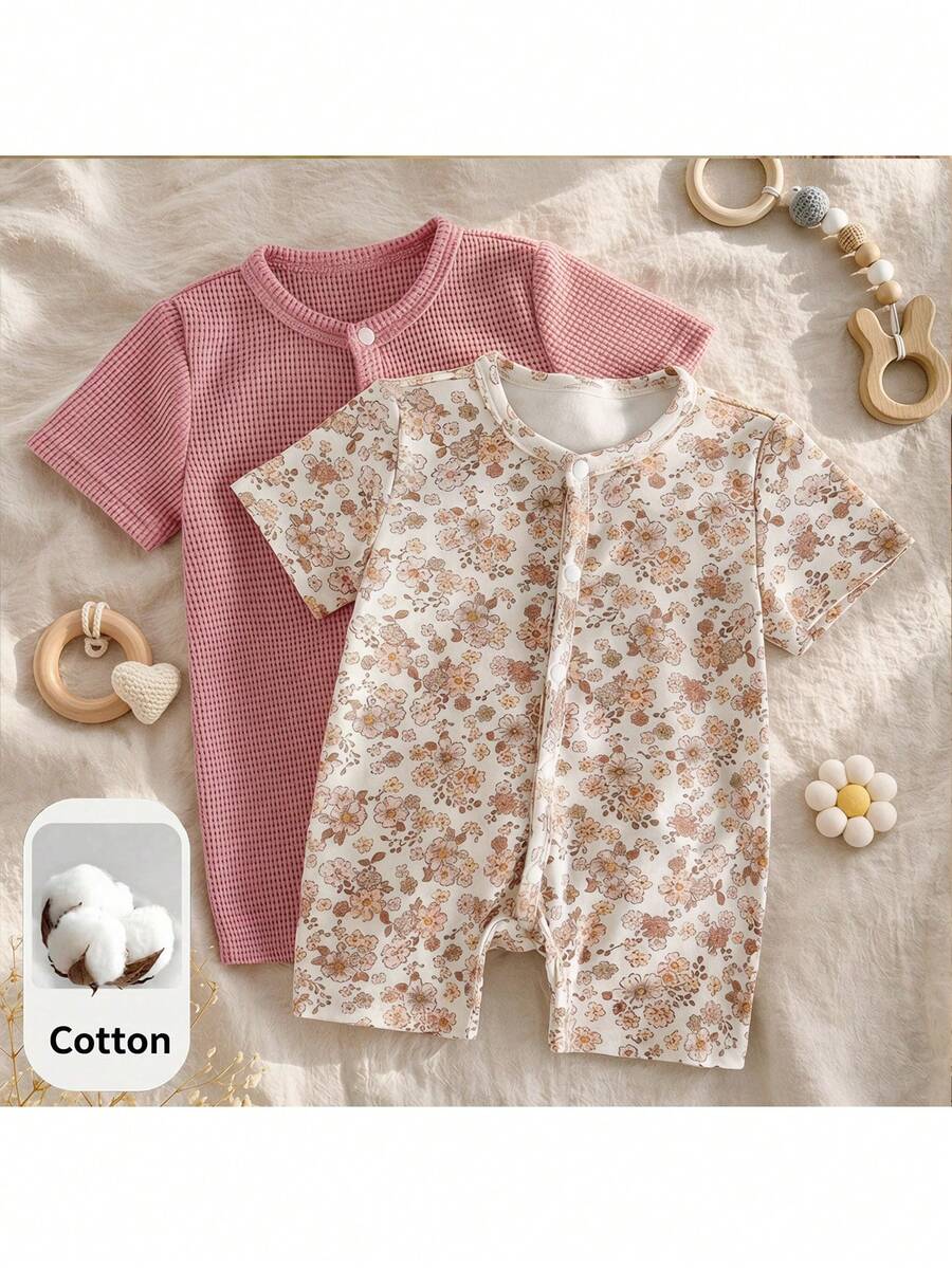Loomiva Conjunto de 2 piezas de pelele de manga corta y pantalones cortos con estampado floral suave de punto para bebé recién nacida - Rosa Pálido - Ver 1
